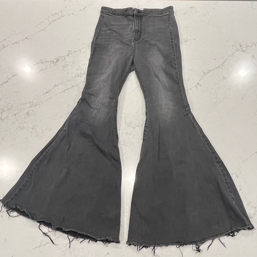Free People Just Float On Flare Jeans Womens 31 Faded Black Raw Hem High Rise